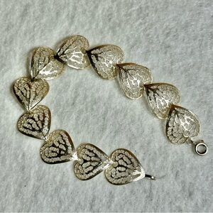925 Silver Filigree Heart Link Bracelet Tested 7.75” #132